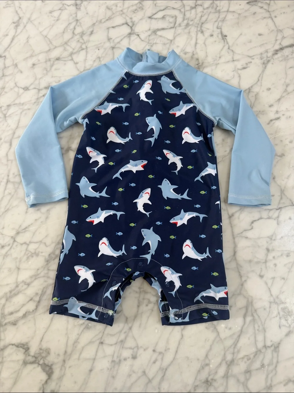 Boys Shark Print Long Sleeve Rash Guard Shortie Swim Romper, Blue Sz 24 Mo